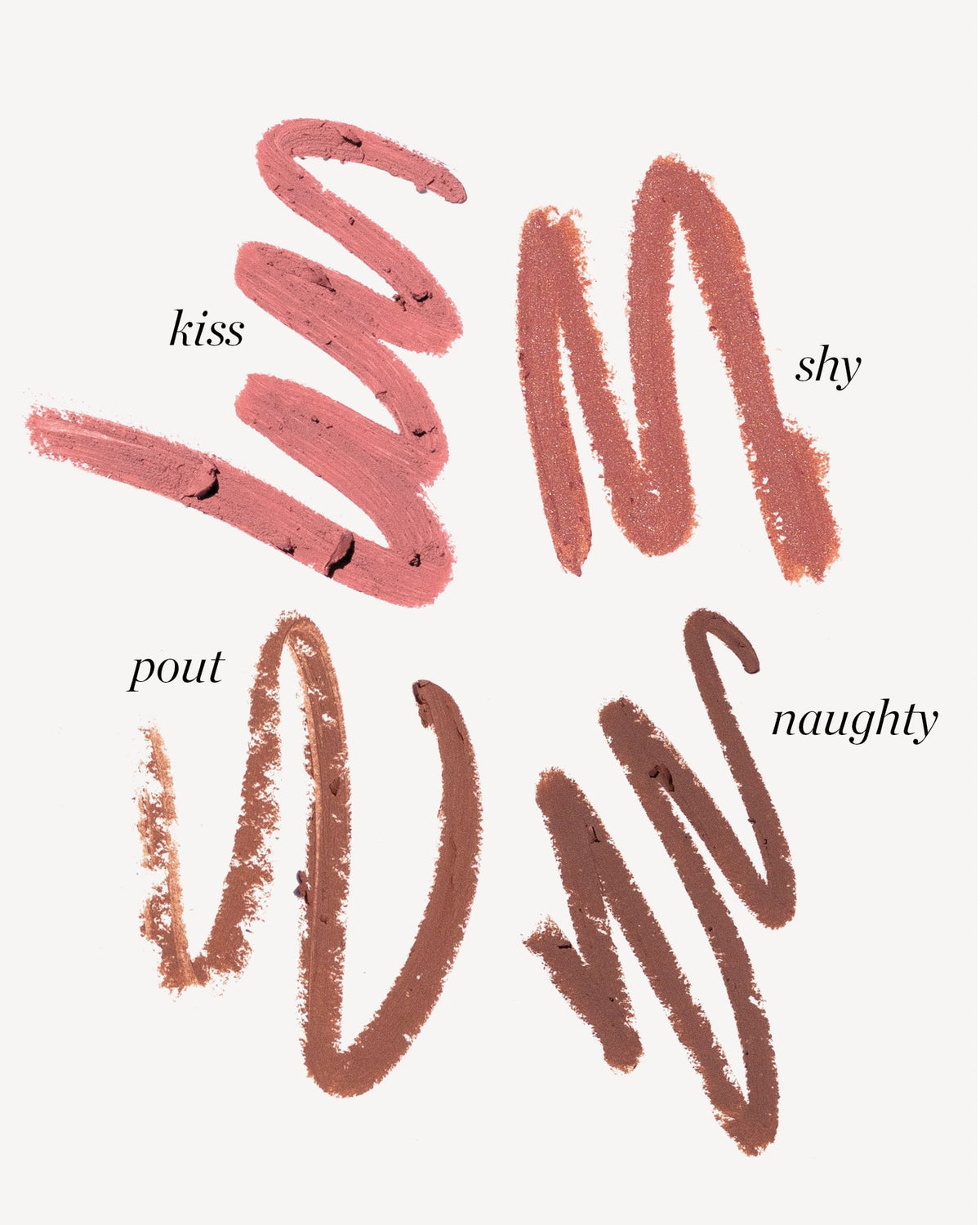 Açaí Lip Pencil shades Kiss, Shy, Pout, Naughty