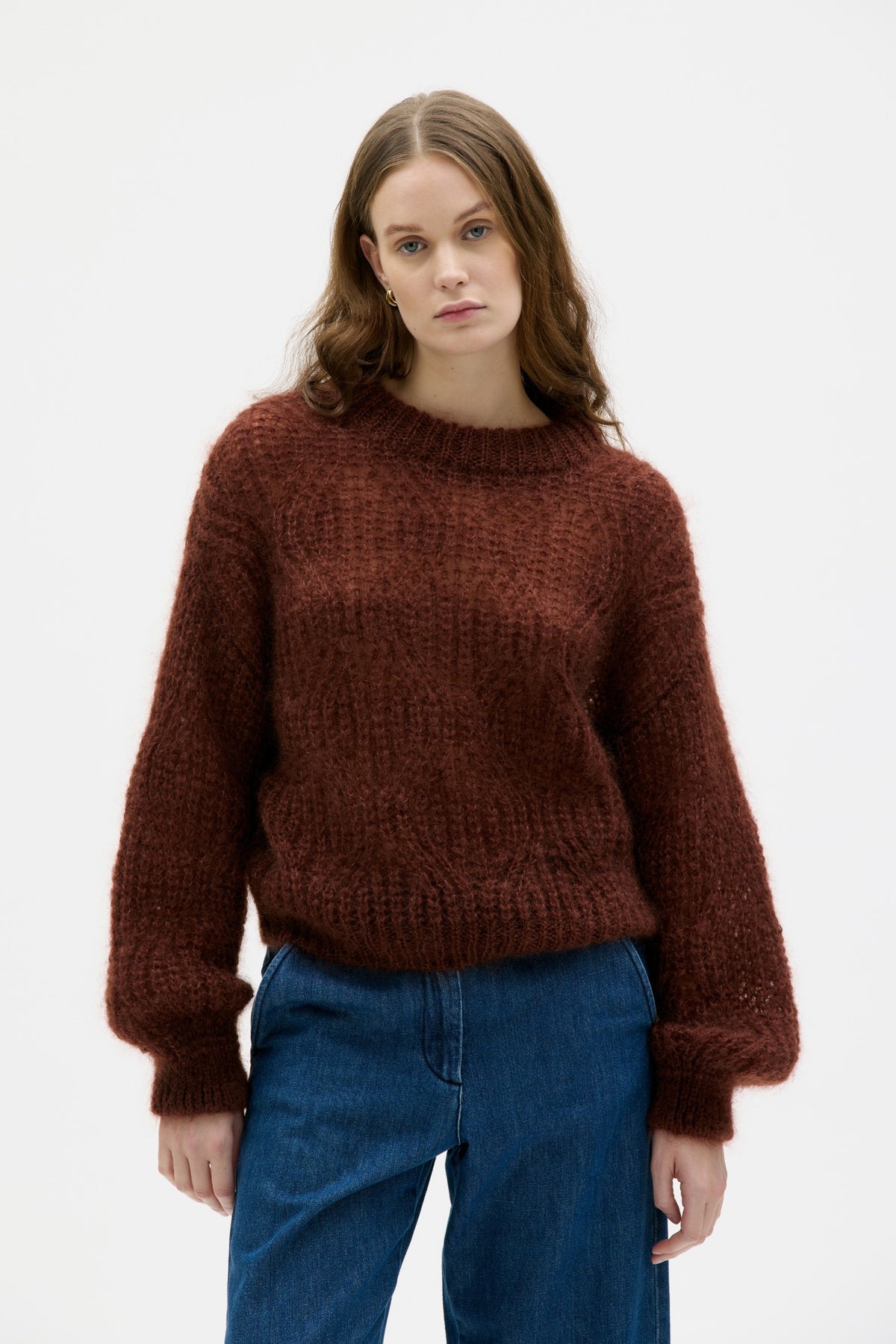 Maska Dove lace knit mohair silk sweater in Roasted Almond, detail 2 | NAHARA Mendocino