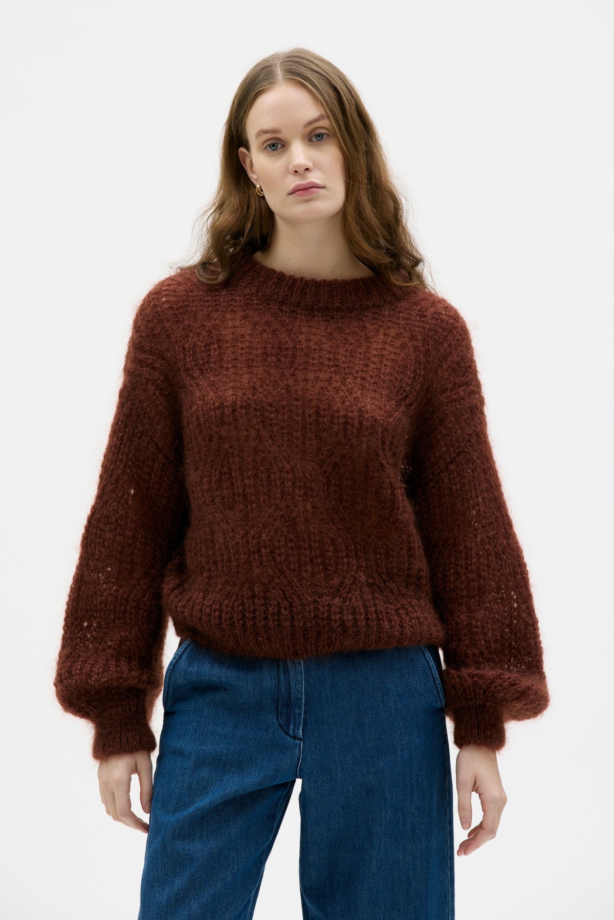 Maska Dove lace knit mohair silk sweater in Roasted Almond, detail 3 | NAHARA Mendocino