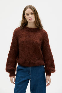 Maska Dove lace knit mohair silk sweater in Roasted Almond, detail 3 | NAHARA Mendocino