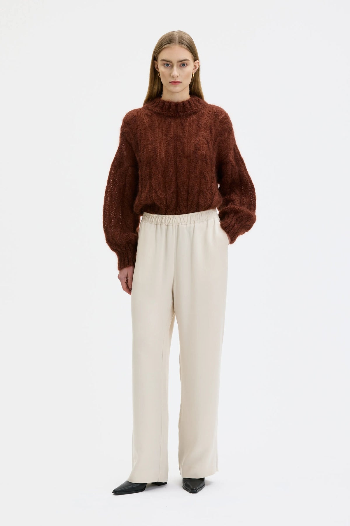 Maska Lyne mohair silk cable sweater, shown in Roasted Almond, front | NAHARA Mendocino