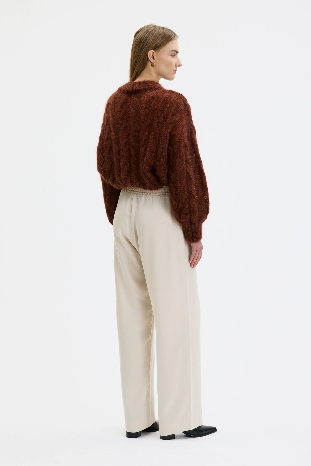 Maska Lyne mohair silk cable sweater, shown in Roasted Almond, side and back | NAHARA Mendocino