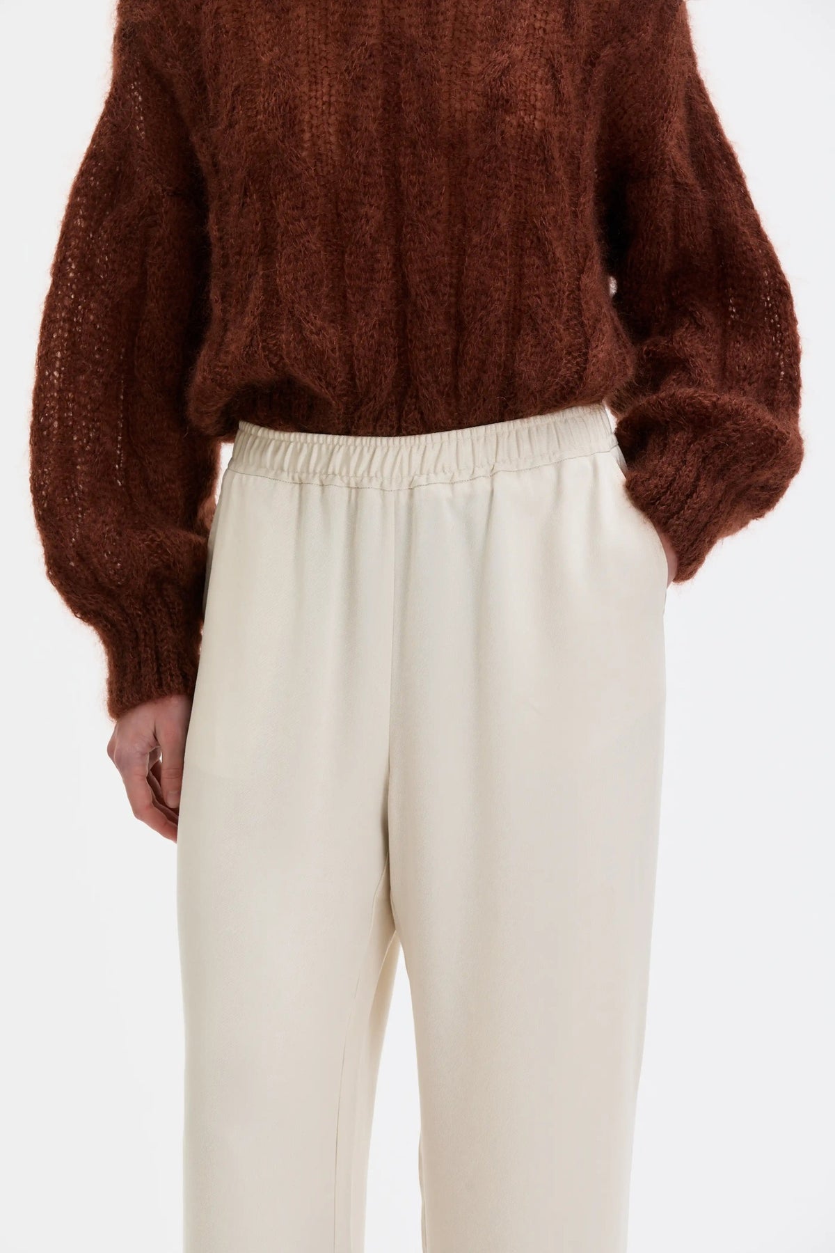 Maska Lyne mohair silk cable sweater, shown in Roasted Almond, cable detail | NAHARA Mendocino