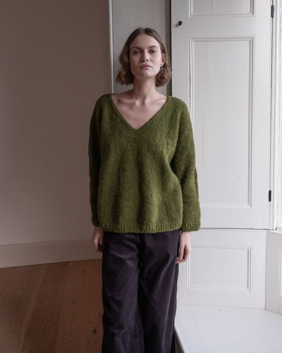 Leah Hand Knit Wool V Neck Sweater- Chartreuse