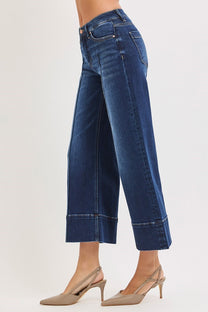Risen Mid Rise Crop Wide Pintuck Front Jeans- Deep Blue
