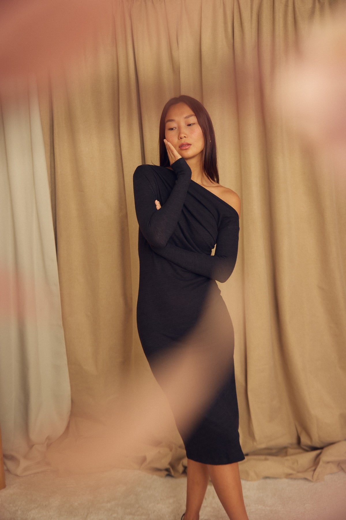 Cossac Wool Drape Midi Dress - Black