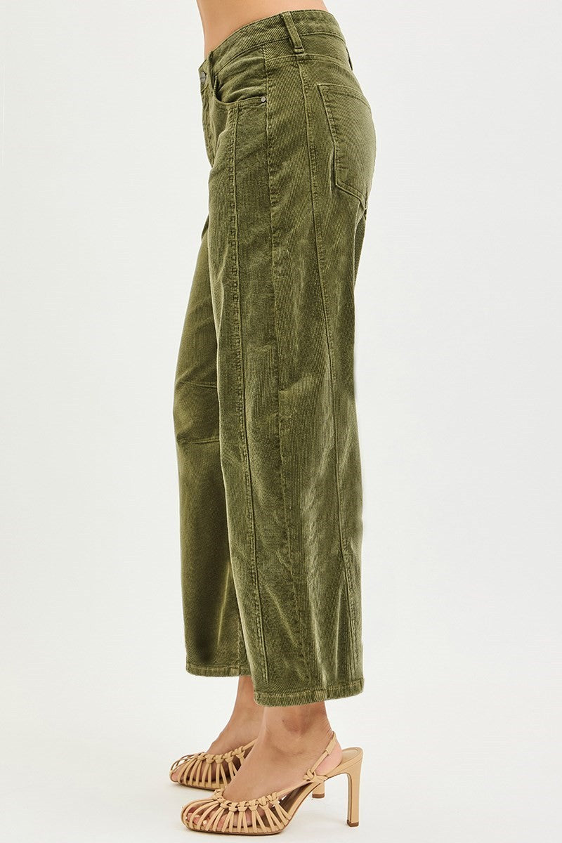 Risen Slouchy Ankle Barrel Corduroy Pants- Olive
