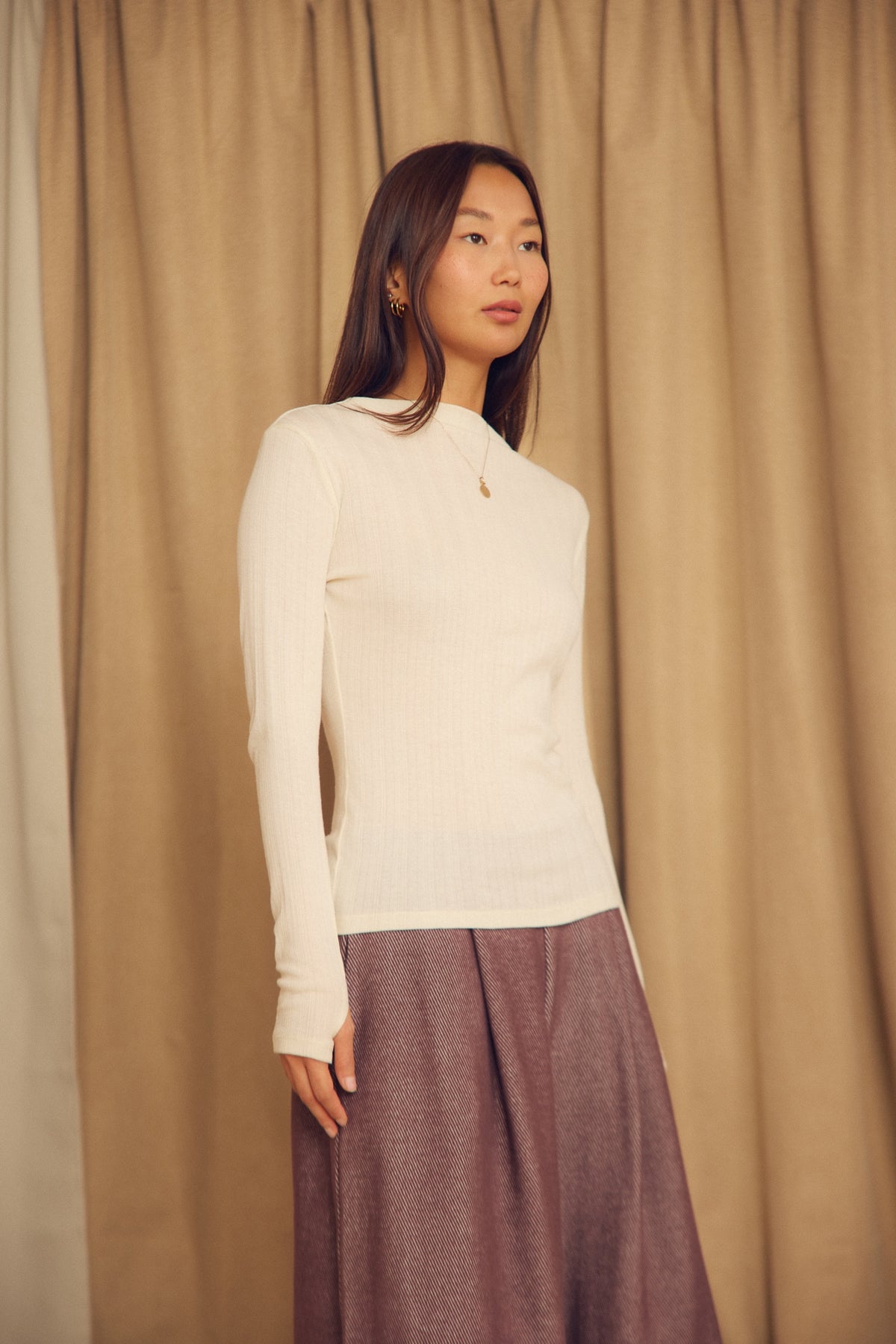 Cossac Organic Cotton and Lyocell Ribbed  Long Sleeve Top in Ecru
