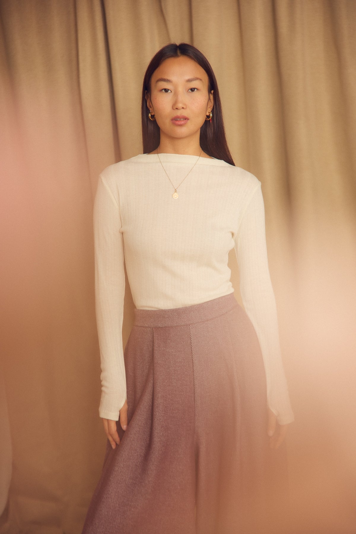 Cossac Organic Cotton and Lyocell Ribbed  Long Sleeve Top in Ecru