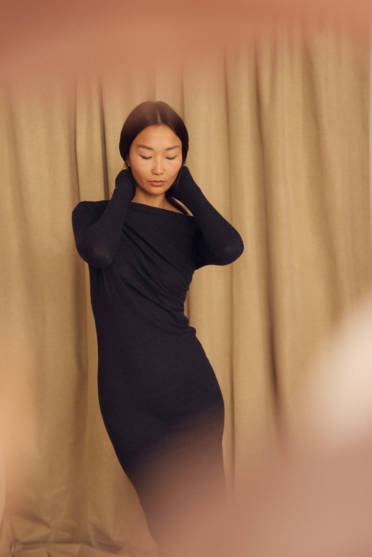 Cossac Wool Drape Midi Dress - Black