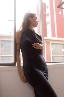 Cossac Drape Cupro Midi Dress in Slate Black