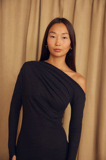 Cossac Wool Drape Midi Dress - Black