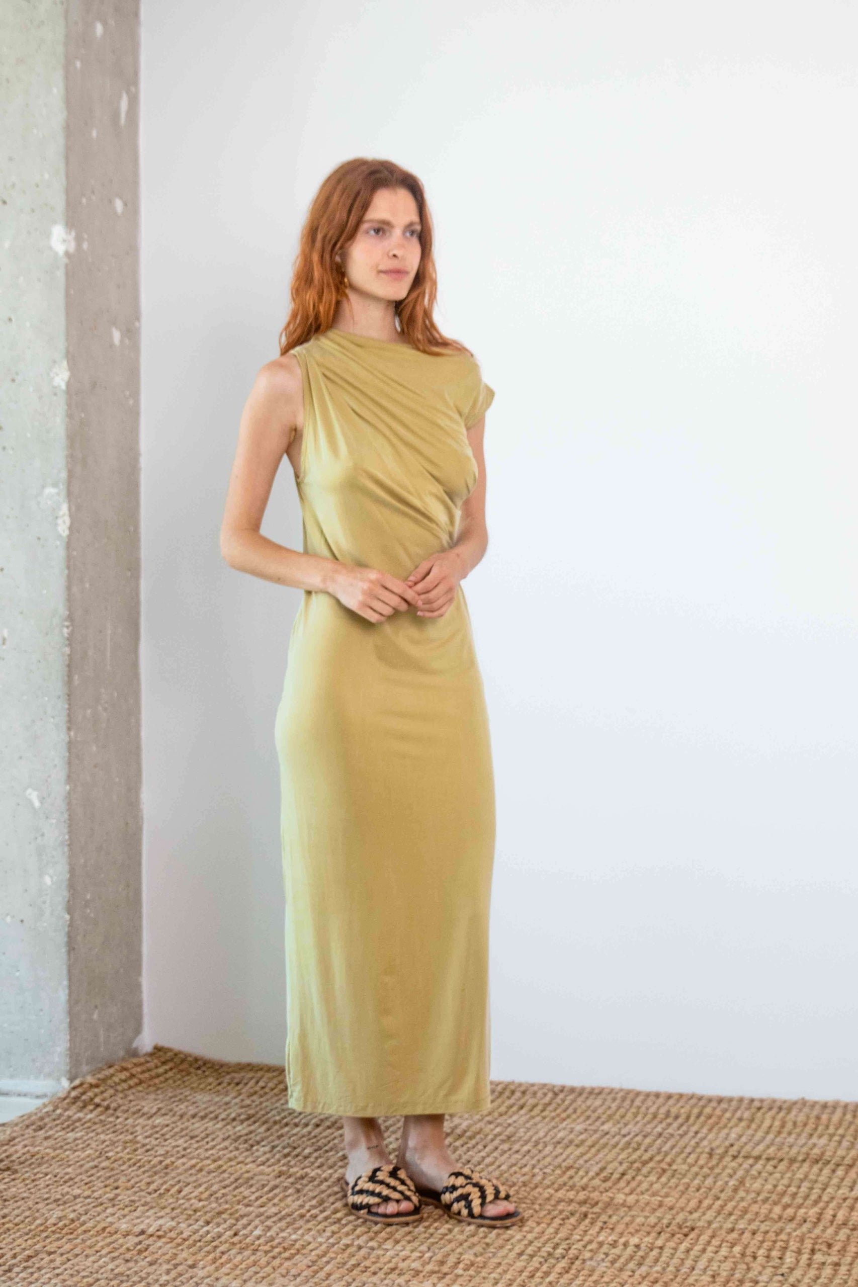 Cossac Drape Cupro Midi Dress in Olive