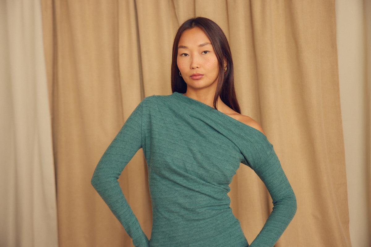 Cossac Drape Top in Organic Cotton and Wool- Teal