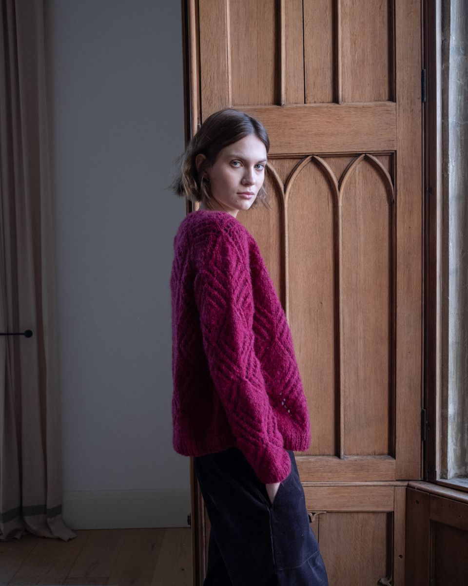 NOVA LACY HAND KNIT MOHAIR CARDIGAN- MULBERRY