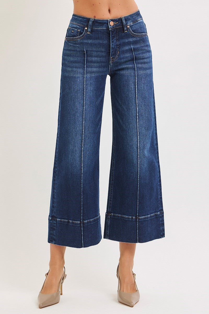 Risen Mid Rise Crop Wide Pintuck Front Jeans- Deep Blue