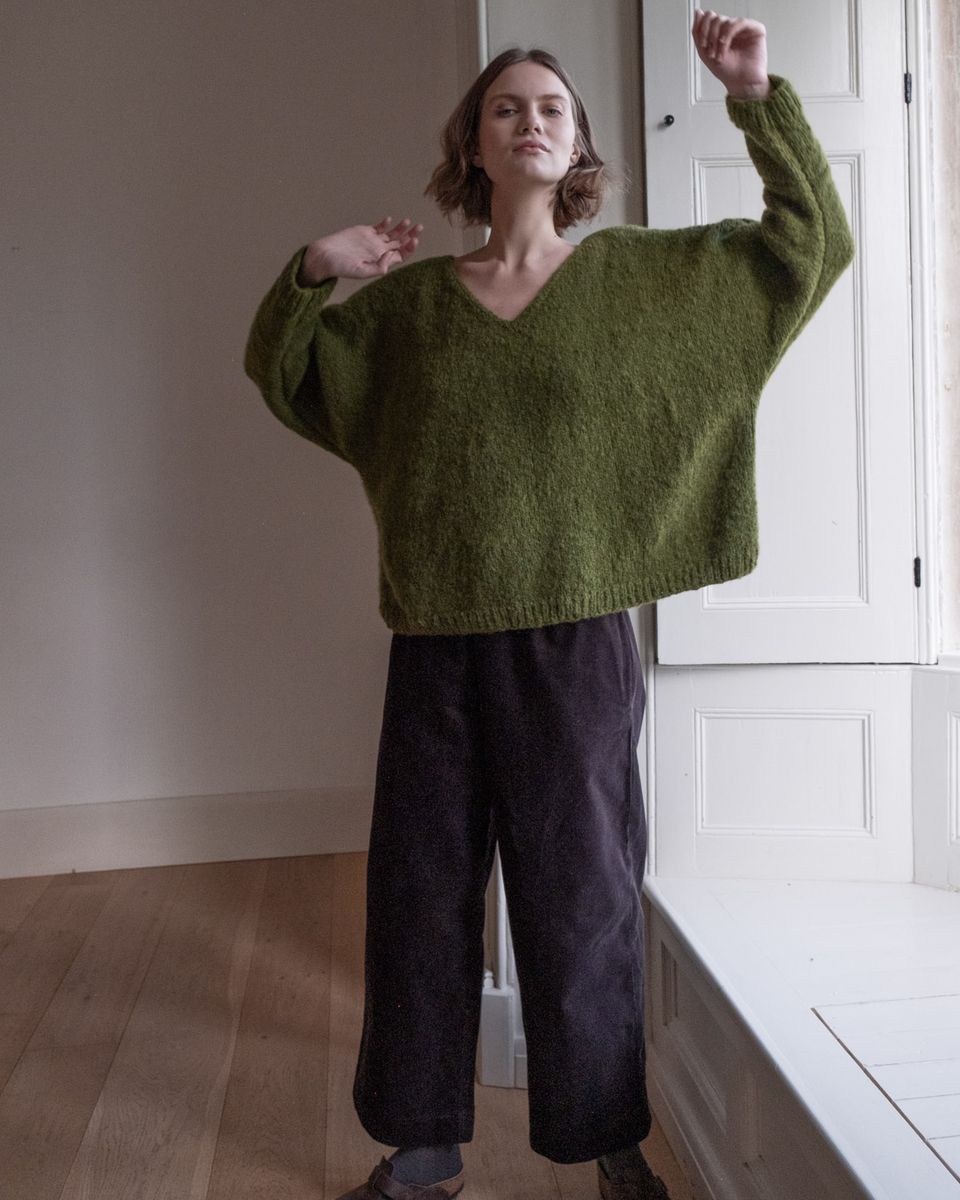Leah Hand Knit Wool V Neck Sweater- Chartreuse