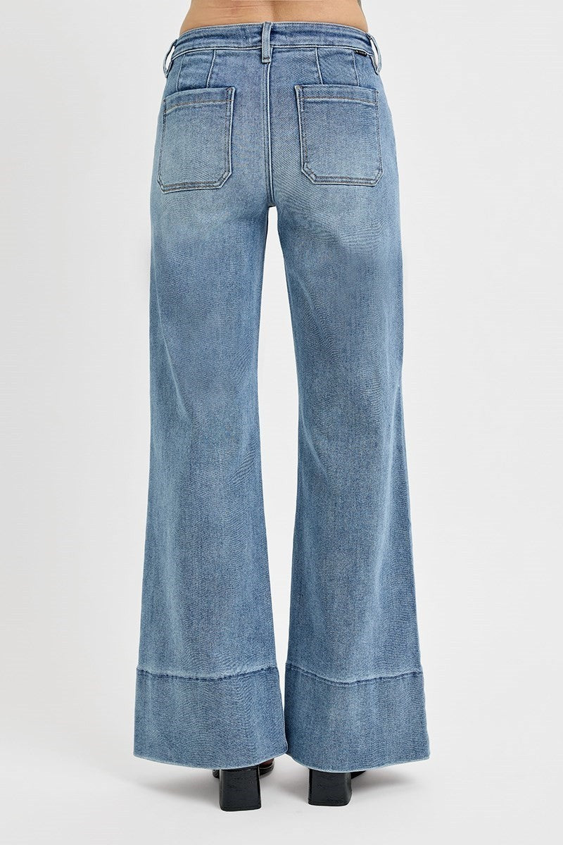 Risen Tummy Control Mid Rise Ankle Wide Flare Jeans- Medium
