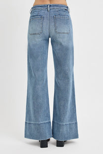 Risen Tummy Control Mid Rise Ankle Wide Flare Jeans- Medium