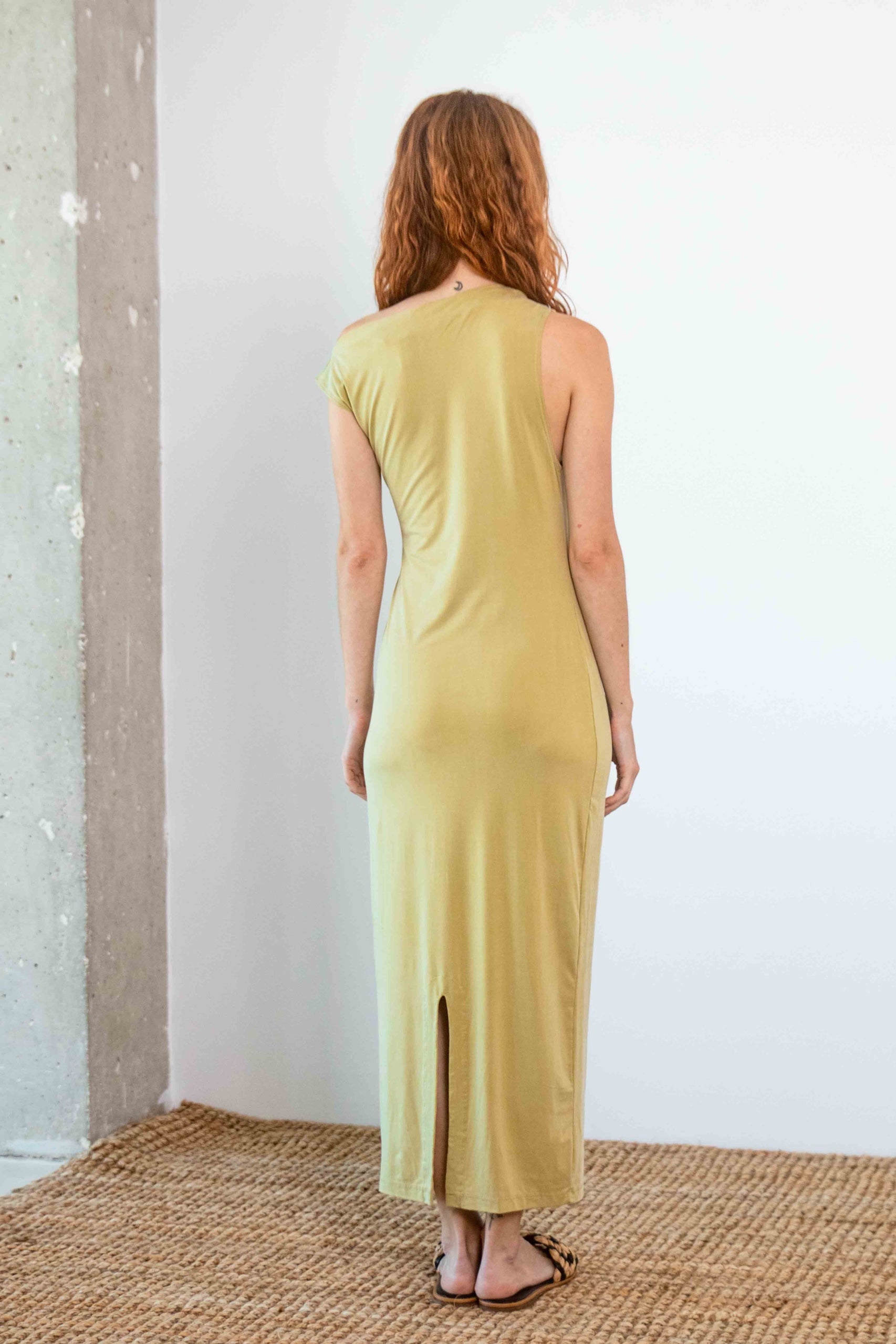 Cossac Drape Cupro Midi Dress in Olive
