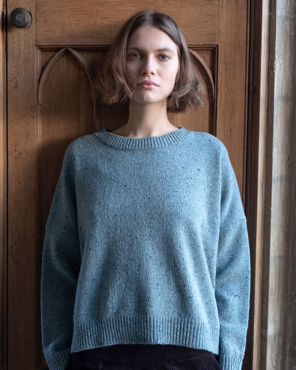 Layla Boxy Fit Hand Knit Wool Jumper- Soft Blue Melange