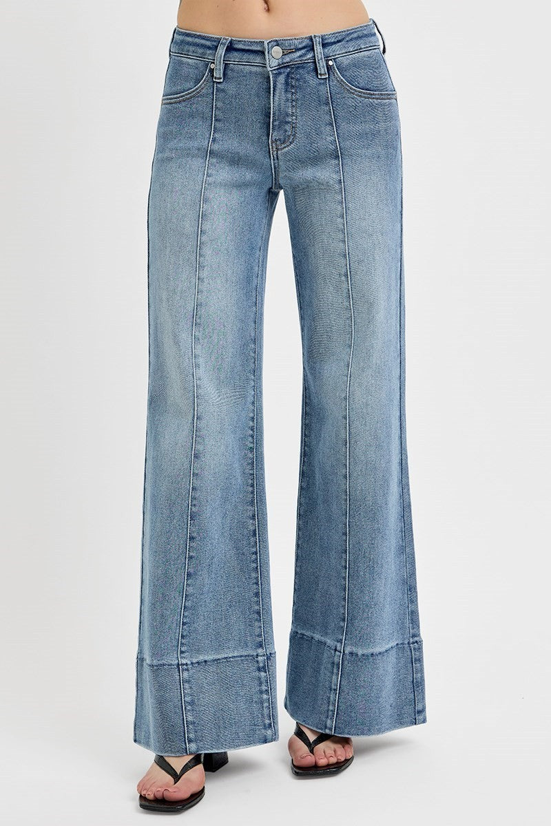 Risen Tummy Control Mid Rise Ankle Wide Flare Jeans- Medium
