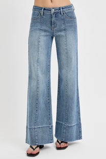 Risen Tummy Control Mid Rise Ankle Wide Flare Jeans- Medium
