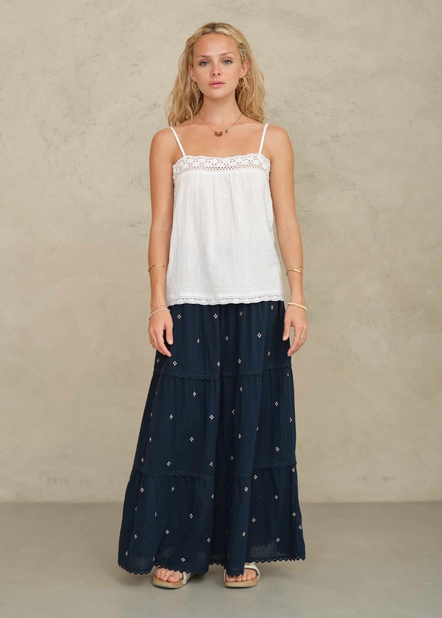 M.A.B.E. Lucca Embroidered Maxi Skirt- Indigo