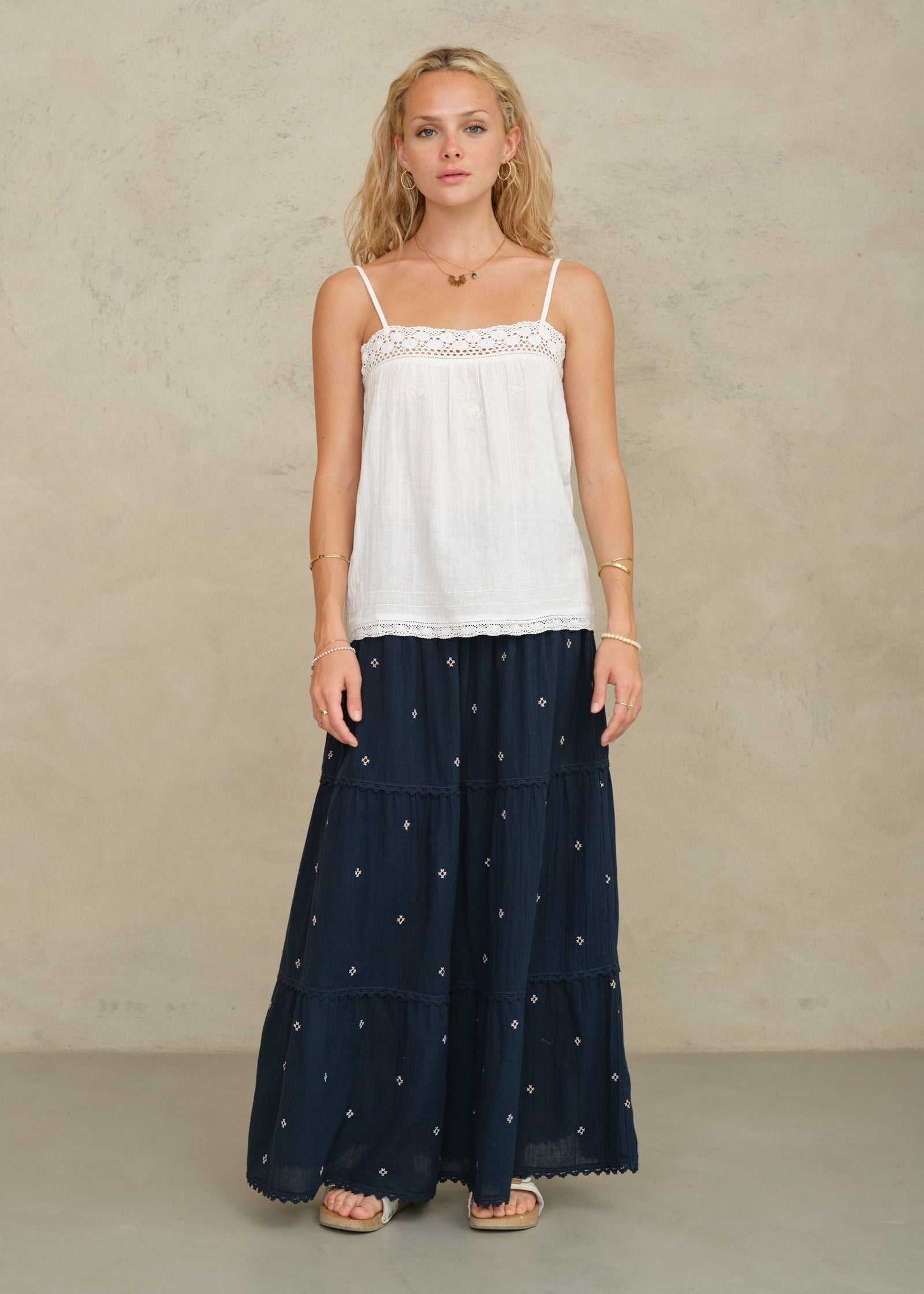 M.A.B.E. Lucca Embroidered Maxi Skirt- Indigo