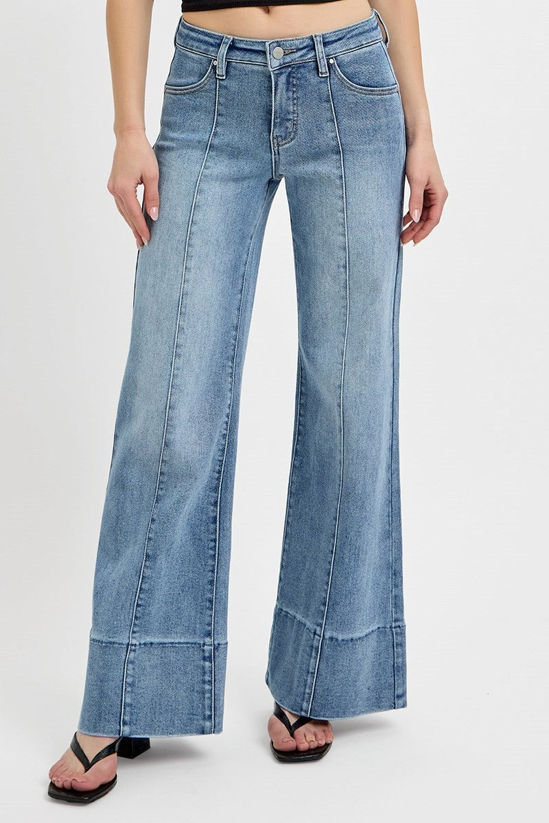 Risen Tummy Control Mid Rise Ankle Wide Flare Jeans- Medium
