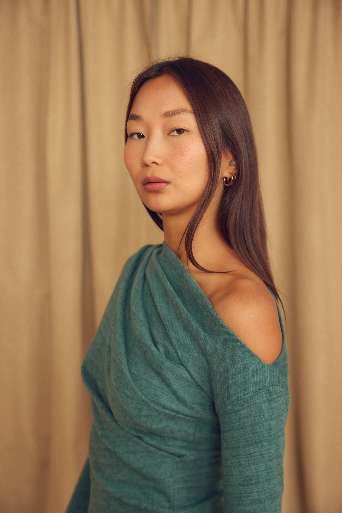 Cossac Drape Top in Organic Cotton and Wool- Teal