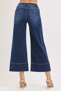 Risen Mid Rise Crop Wide Pintuck Front Jeans- Deep Blue