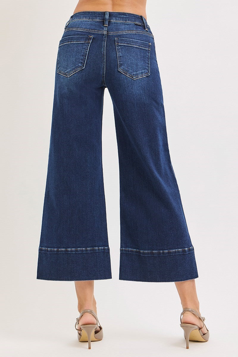 Risen Mid Rise Crop Wide Pintuck Front Jeans- Deep Blue