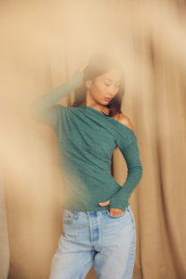 Cossac Drape Top in Organic Cotton and Wool- Teal