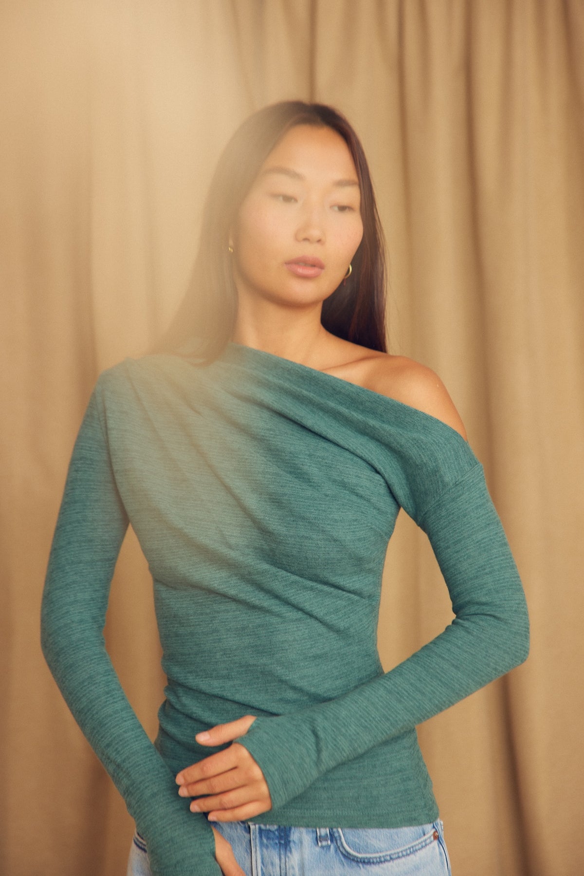 Cossac Drape Top in Organic Cotton and Wool- Teal