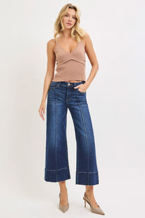 Risen Mid Rise Crop Wide Pintuck Front Jeans- Deep Blue