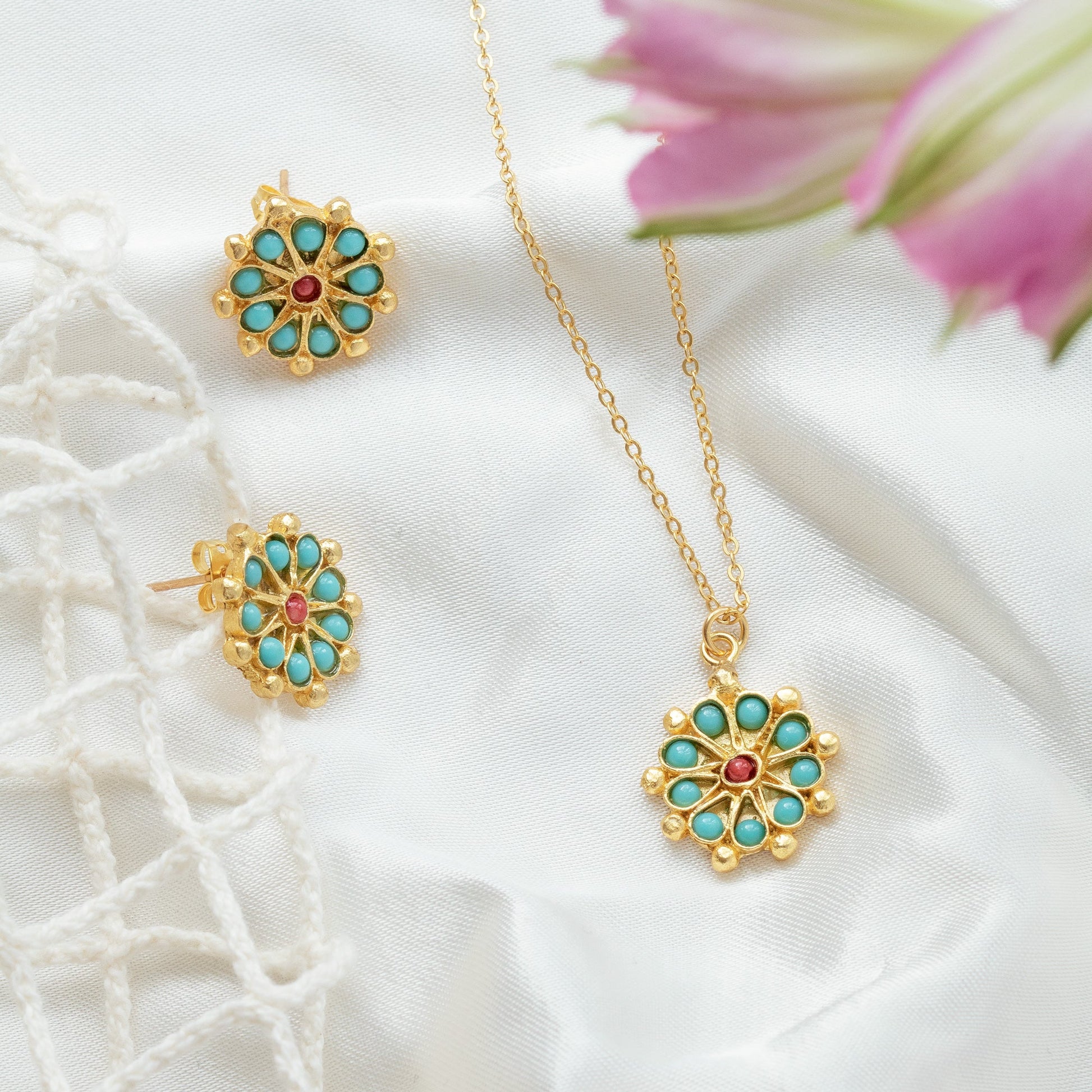 Marigold Turquoise and Red Agate Beaded Stud Earrings