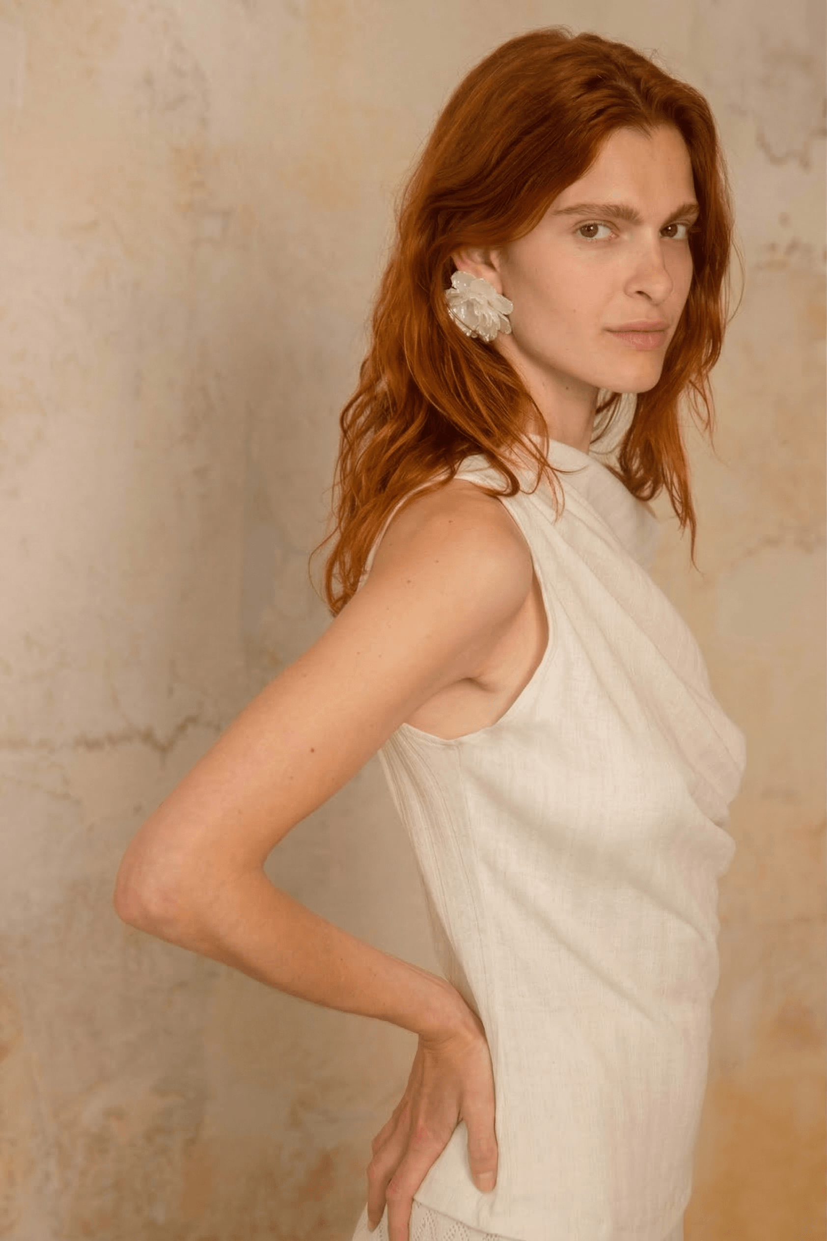 Banana Pineapple Drape Neckline Top in Ecru