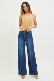 Risen Mid Rise Wide Leg Front Seam Jeans- Dark