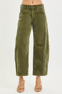 Risen Slouchy Ankle Barrel Corduroy Pants- Olive
