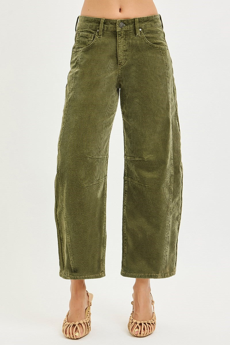 Risen Slouchy Ankle Barrel Corduroy Pants- Olive