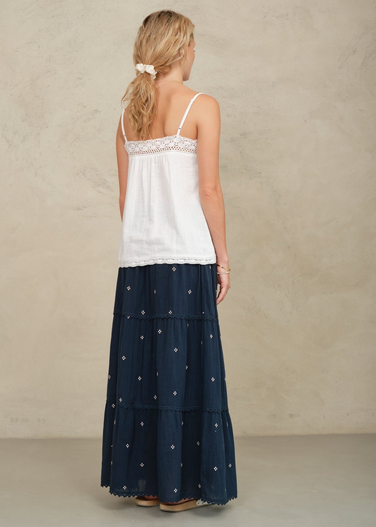 M.A.B.E. Lucca Embroidered Maxi Skirt- Indigo