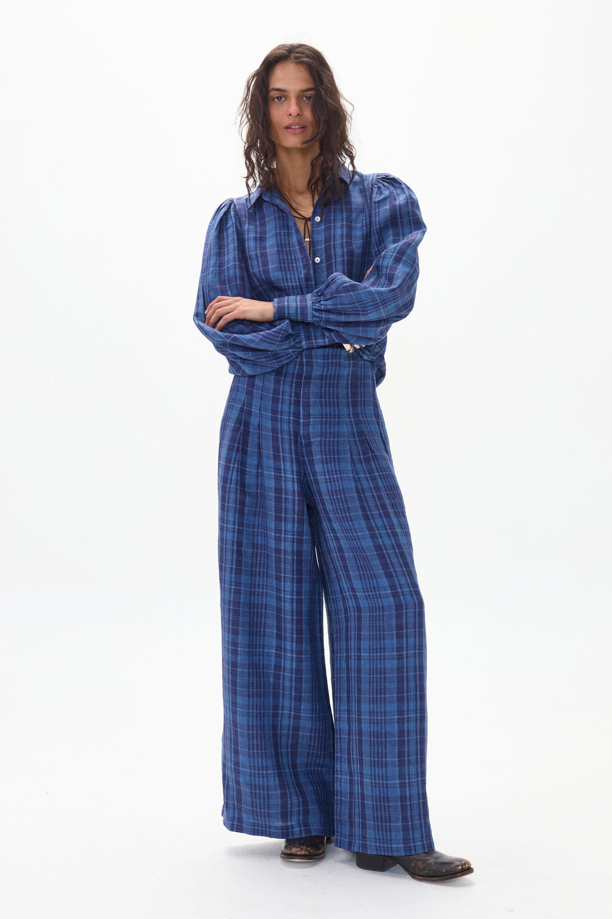 Camille Linen Shirt-Ocean Checks Print