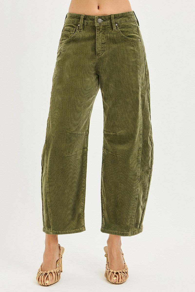 Risen Slouchy Ankle Barrel Corduroy Pants- Olive