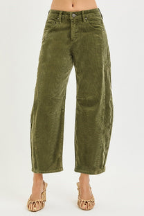 Risen Slouchy Ankle Barrel Corduroy Pants- Olive