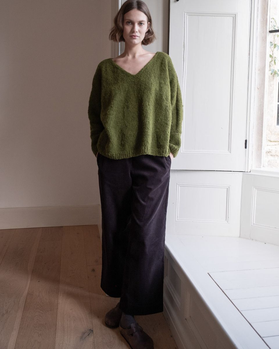 Leah Hand Knit Wool V Neck Sweater- Chartreuse