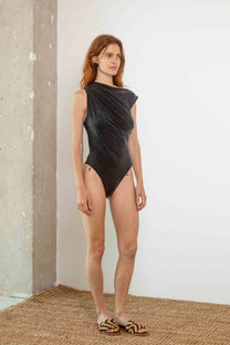 Cossac Drape Neckline Bodysuit in Slate Black