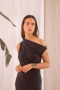 Cossac Drape Cupro Midi Dress in Slate Black