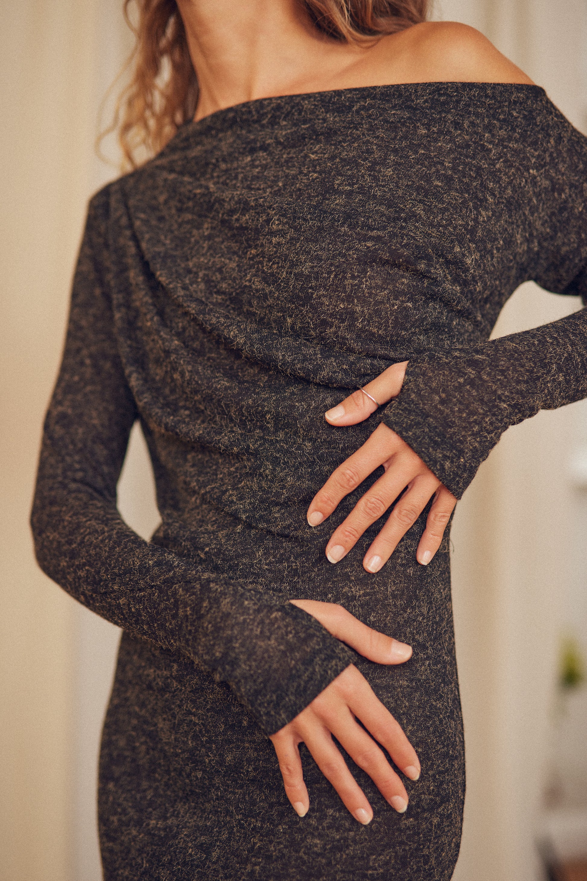 Cossac Drape Dress- Black Melange