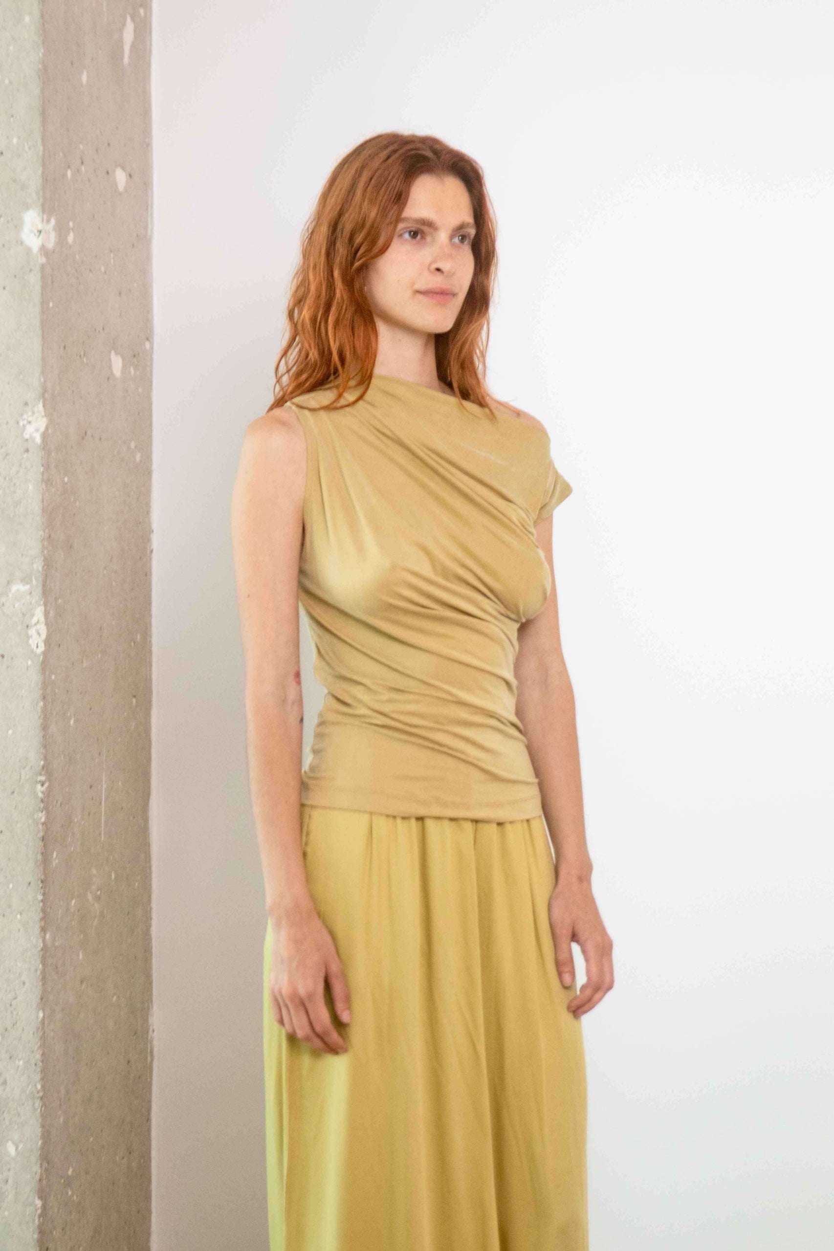 Cossac Drape Neckline Cupro Top in Soft Olive
